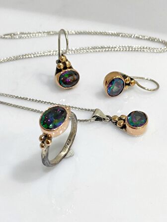 El Üretimi Mistik Topaz Taşlı Otantik 925 Ayar Gümüş Set Takım