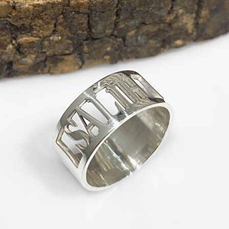 Düz Üstünde İsim Yazılı Kişiye Özel İsimli Gümüş Unisex Alyans