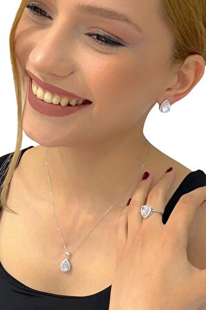 Beyaz Damla Zirkon Mikro Kalite 925 Gümüş Set Takım