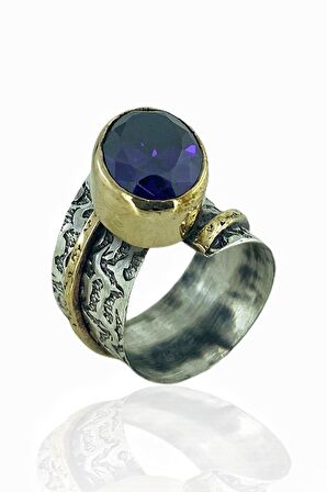 Otantik El Üretim Özel Tasarım Ametist Taş 925 Gümüş Yüzük