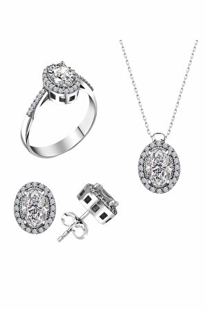 Sertifikalı Swarovski Taşlı Oval Kesim 925 Gümüş Set Takım