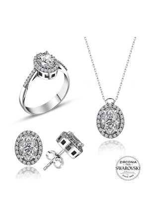 Sertifikalı Swarovski Taşlı Oval Kesim 925 Gümüş Set Takım
