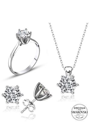Sertifikalı Swarovski  Pırlanta Montür Tektaş 925 Gümüş Set Takım
