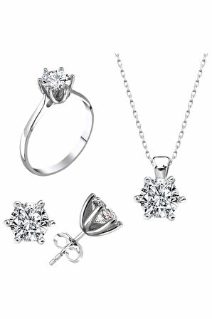 Sertifikalı Swarovski  Pırlanta Montür Tektaş 925 Gümüş Set Takım