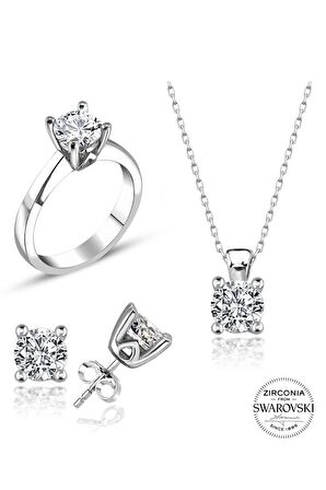 Sertifikalı Swarovski Tek Taş 925 Gümüş Set Takım