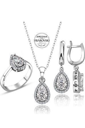Sertifikalı Swarovski Taş Damla 925 Gümüş Set Takım
