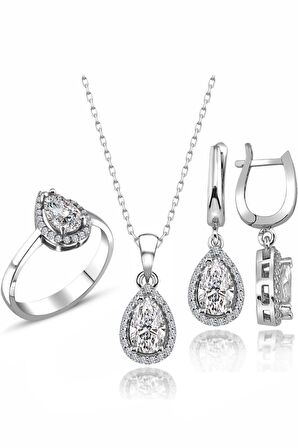 Sertifikalı Swarovski Taş Damla 925 Gümüş Set Takım