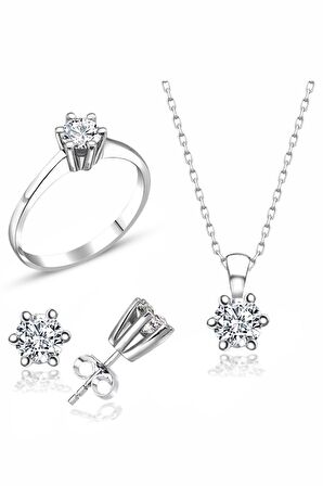 Sertifikalı Swarovski Taş 6 Tırnak 925 Gümüş Set Takım