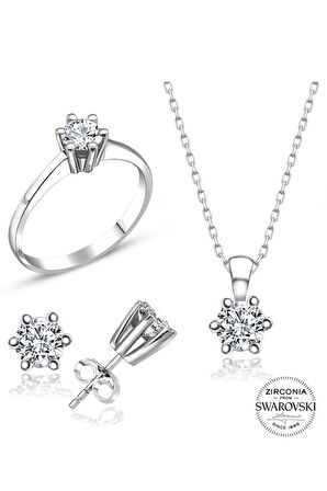 Sertifikalı Swarovski Taş 6 Tırnak 925 Gümüş Set Takım