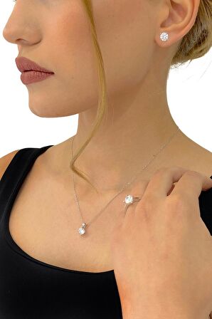 Sertifikalı Swarovski Taşlı Tek Taş 925 Gümüş Set Takım