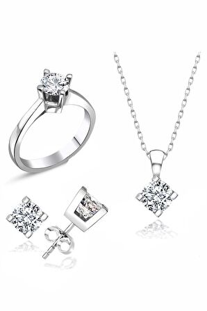 Sertifikalı Swarovski Taşlı Tek Taş 925 Gümüş Set Takım
