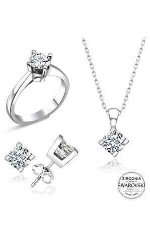 Sertifikalı Swarovski Taşlı Tek Taş 925 Gümüş Set Takım