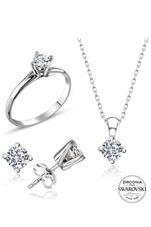 Sertifikalı Swarovski Taş Zarif Tektaş 925 Gümüş Set Takım