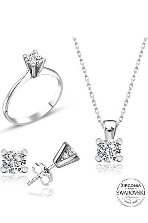 Sertifikalı Swarovski Taş Zarif Tek Taş 925 Gümüş Set Takım