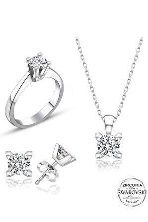 Sertifikalı Swarovski Taşlı Klasik Tek Taş 925 Gümüş Set Takım