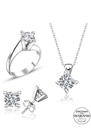 Sertifikalı Swarovski Taş Sarmaşık Tek Taş 925 Gümüş Set Takım