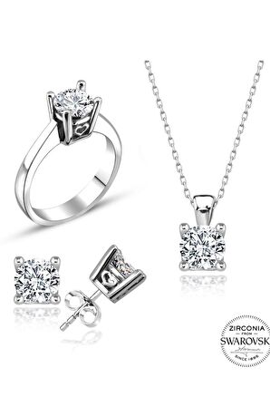 Sertifikalı Swarovski Tek Taş Kalp Montür 925 Gümüş Set Takım