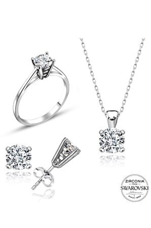 Sertifikalı Swarovski Taşlı Tektaş 925 Gümüş Set Takım