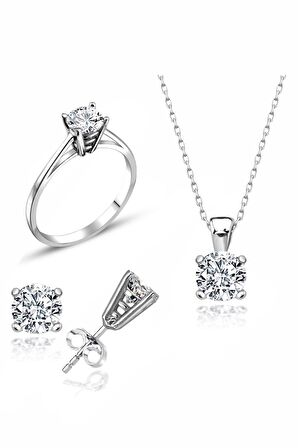 Sertifikalı Swarovski Taşlı Tektaş 925 Gümüş Set Takım