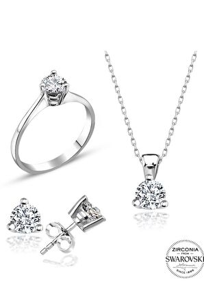 Sertifikalı Swarovski Tek Taş 925 Gümüş Set Takım