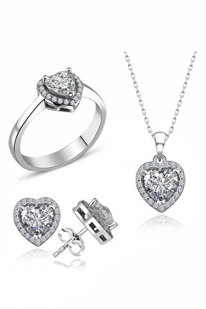 Sertifikalı Swarovski Taşlı Kalp Tektaş 925 Gümüş Set Takım