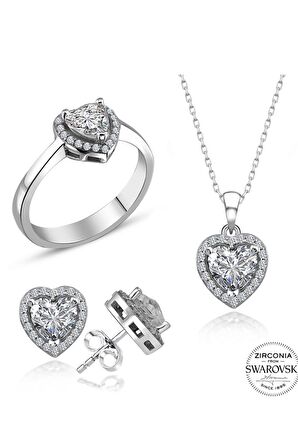 Sertifikalı Swarovski Taşlı Kalp Tektaş 925 Gümüş Set Takım