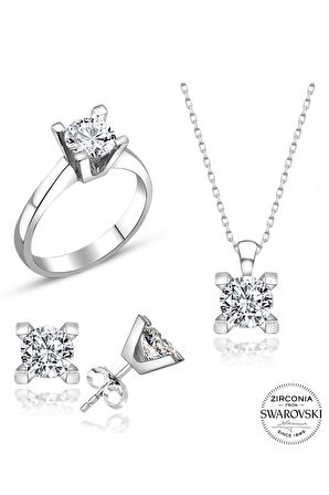 Sertifikalı Swarovski Altın Montür Tektaş 925 Gümüş Set Takım