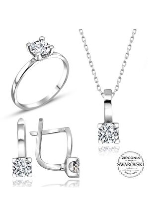 Sertifikalı Swarovski Tektaş Taşlı 925 Gümüş Set Takım