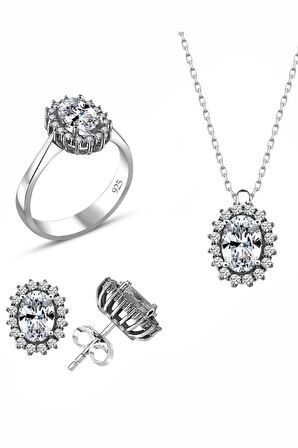 Sertifikalı Swarovski Oval Kesim Tek Taş 925 Gümüş Set