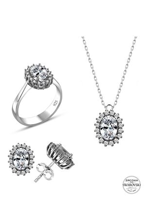 Sertifikalı Swarovski Oval Kesim Tek Taş 925 Gümüş Set