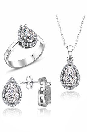 Sertifikalı Swarovski Damla Taşlı Tek Taş 925 Gümüş Set