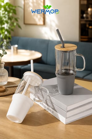 1000 ML Cam Big Mug Bambu Kapaklı Çelik Pipetli Büyük Boy Kupa Termos