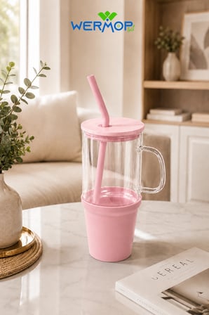 1000 ML Cam Big Mug Bambu Kapaklı Çelik Pipetli Büyük Boy Kupa Termos