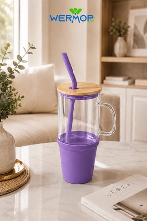 1000 ML Cam Big Mug Bambu Kapaklı Çelik Pipetli Büyük Boy Kupa Termos