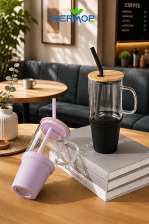 1000 ML Cam Big Mug Bambu Kapaklı Çelik Pipetli Büyük Boy Kupa Termos