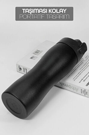 Komple Paslanmaz Çelik Matara Pipetli Mat Renk Spor Matarası Suluğu 304 Çelik Suluk Siyah 1158