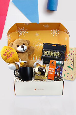 İyi Ki Doğdun Peluş Ayıcık & Harf Mum & Siyah Kupa & Godiva Çikolata & Filtre Kahve Hediye Seti