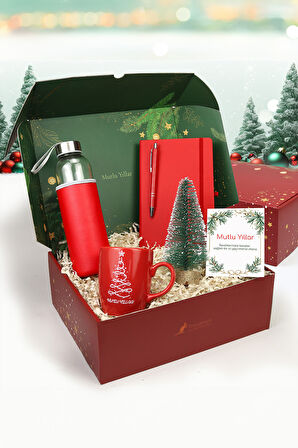 Defter & Kırmızı Tükenmez Kalem & Kırmızı Su Matarası & Yılbaşı Kupa & Mini Çam Ağacı Hediye Seti