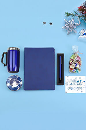 Mavi Spiralli Ajanda & Roller Kalem & Kulplu Çelik Termos & Kutulu Mum & Lavi Çikolata Hediye Seti