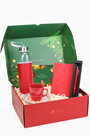 Gümüş Renk Detaylı Kırmızı Tükenmez Kalem & Mini Not Defteri & Fincan & Su Matarası