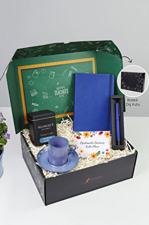 Öğretmenlere Özel Mavi Türk Kahvesi Fincanı & Defter & Mavi Roller Kalem & Türk Kahvesi Hediye Seti