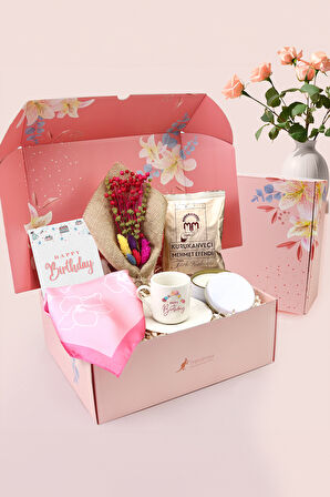 Pembe Çiçekli Kutusunda Fincan & Mum & Fular & Türk Kahvesi & Kurutulmuş Çiçek Buketi