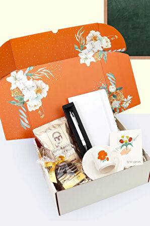Turuncu Kutusunda Tükenmez Kalem & Defter & Fincan & Türk Kahvesi & Çikolata Hediye Seti