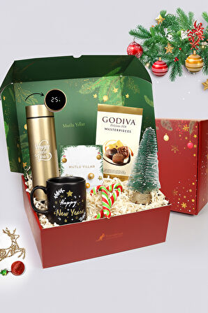 Dereceli Termos & Happy New Year Kupa & 2'li Baston Şeker & Mini Çam Ağacı & Godiva Çikolata
