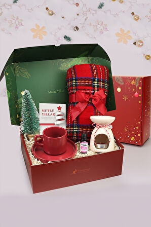 Kalın Şal & Kırmızı Fincan & Mini Çam Ağacı & Buhurdanlık & Buhurdanlık Esansı Hediye Seti