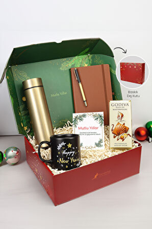 Happy New Years Kupa & Kahverengi Defter & Roller Kalem & Dereceli Termos & Çikolata Hediye Seti
