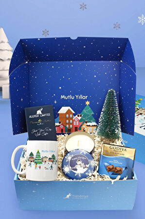 Yılbaşına Özel Baskılı Kupa & Alerya Kahve & Mum & Çam Ağacı & Godiva Çikolata Hediye Seti