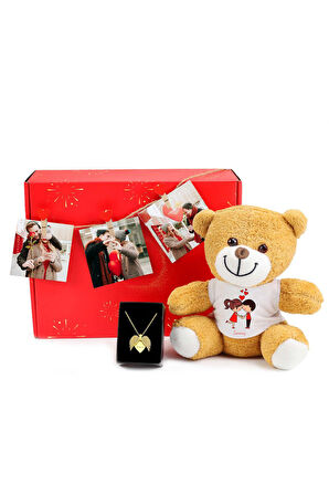 Sevgiliye Özel Melek Kolye & Peluş Ayıcık & Mandallı Fotoğraf İpi Hediye Kutusu
