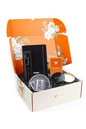 Siyah Defter & Kalem & Parfüm & Kahve Fincanı & Mum Hediye Seti