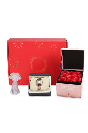 Gül Kutusu & Işıklı Melek Biblo & Rose Kadın Saati Hediye Seti
